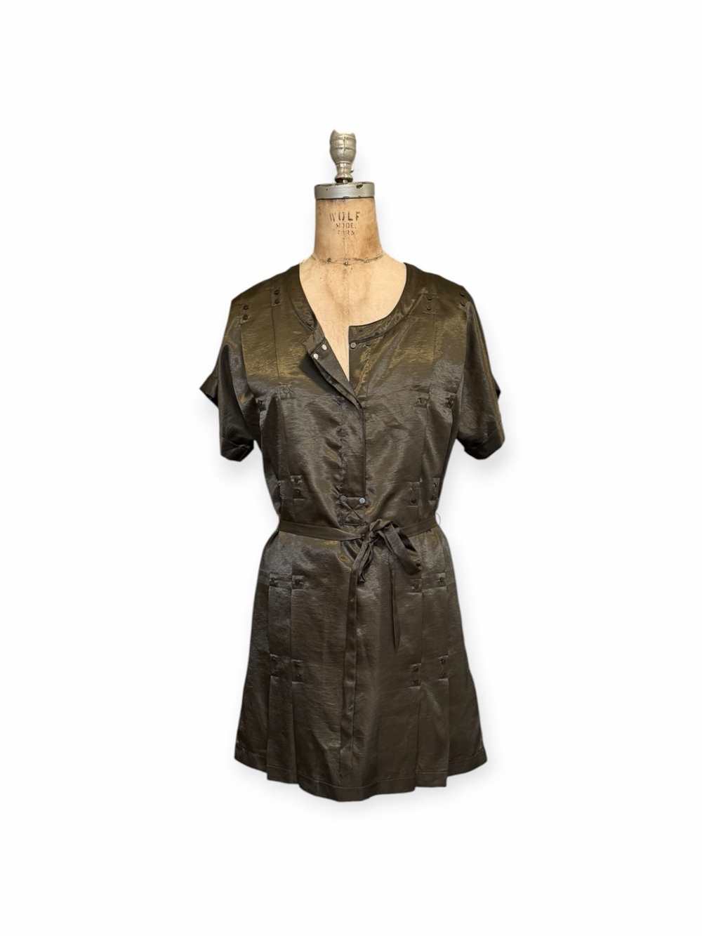 Season JS Olive Green Satin Belted Mini Dress With Pintuck Pleating Size M